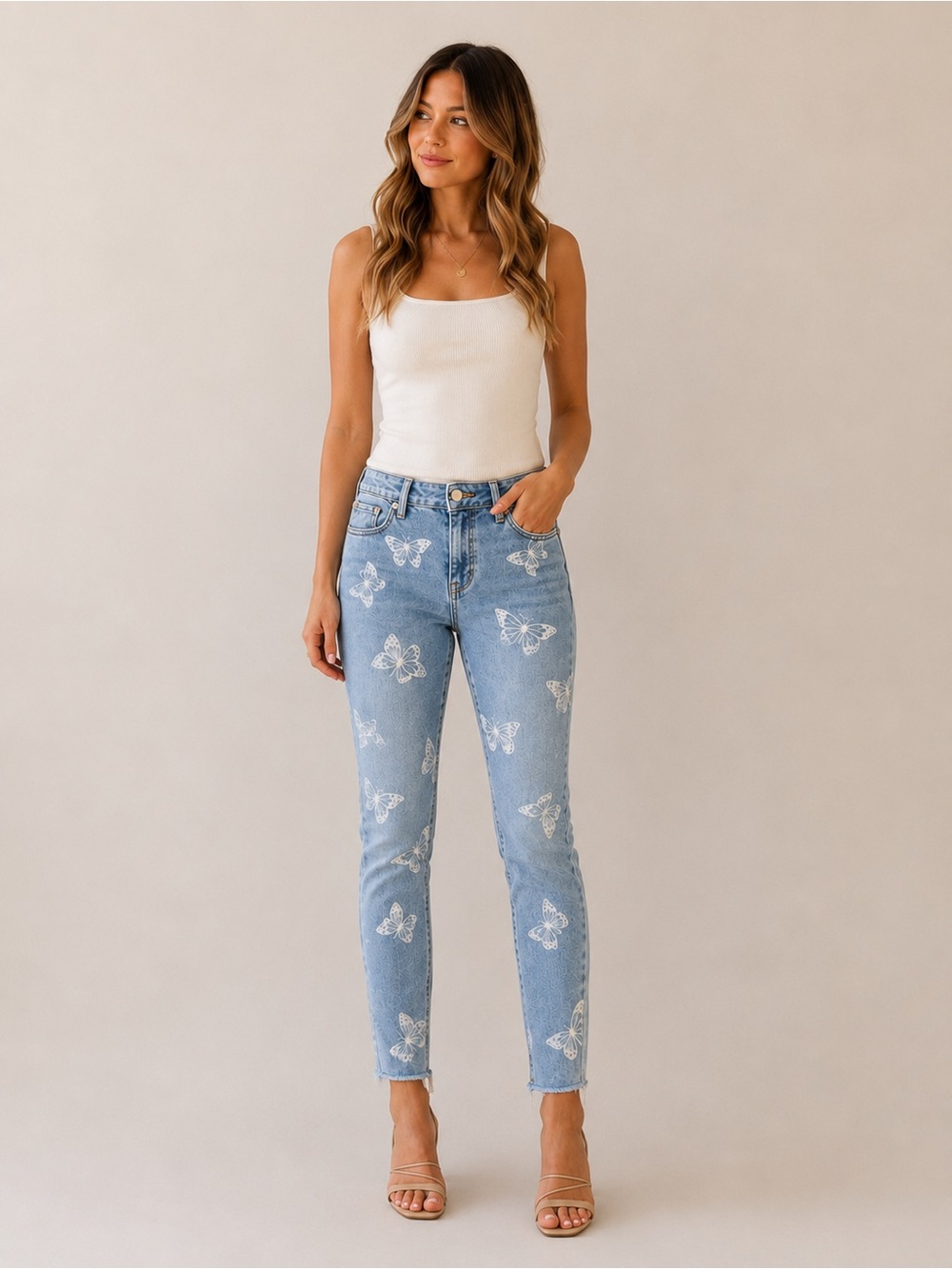 Tinseltown Light Blue Butterfly Straight Leg Jeans